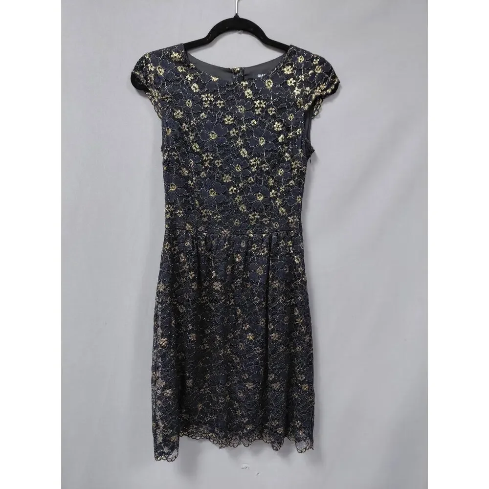 Gianni Bini Black Gold Metallic Floral Lace A-Line Dress Women Size 2